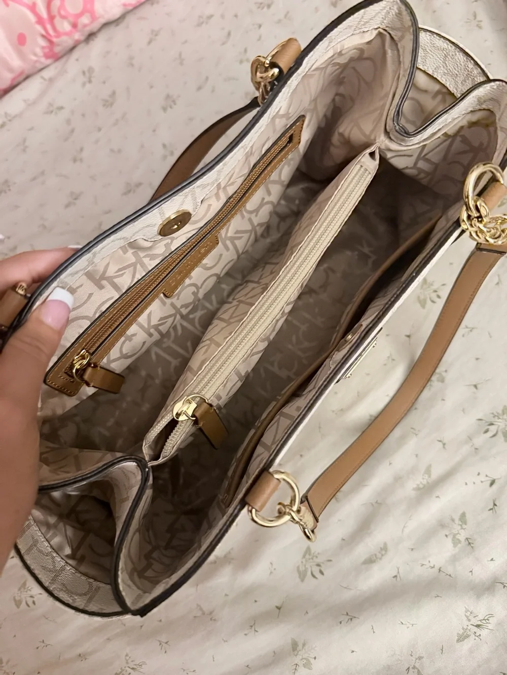 Michael Kors Cream Logo Tote with Tan Handles